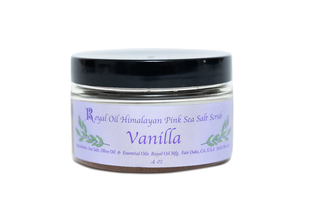 Jar of Vanilla Himalayan Pink Sea Salt Scrub with a white background