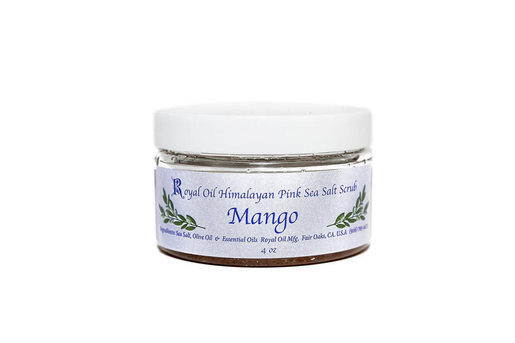 Jar of Royal Oil Himalayan Pink Sea Salt Scrub with 'Mango' label on a white background