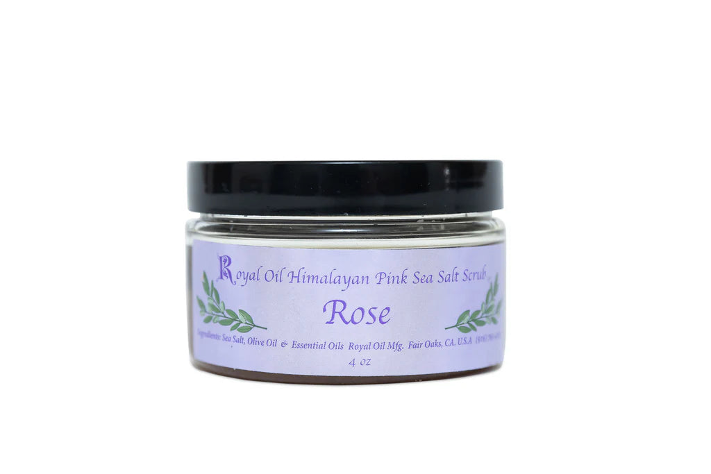 Jar of Royal Oil Himalayan Pink Sea Salt Scrub with a purple label on a white background