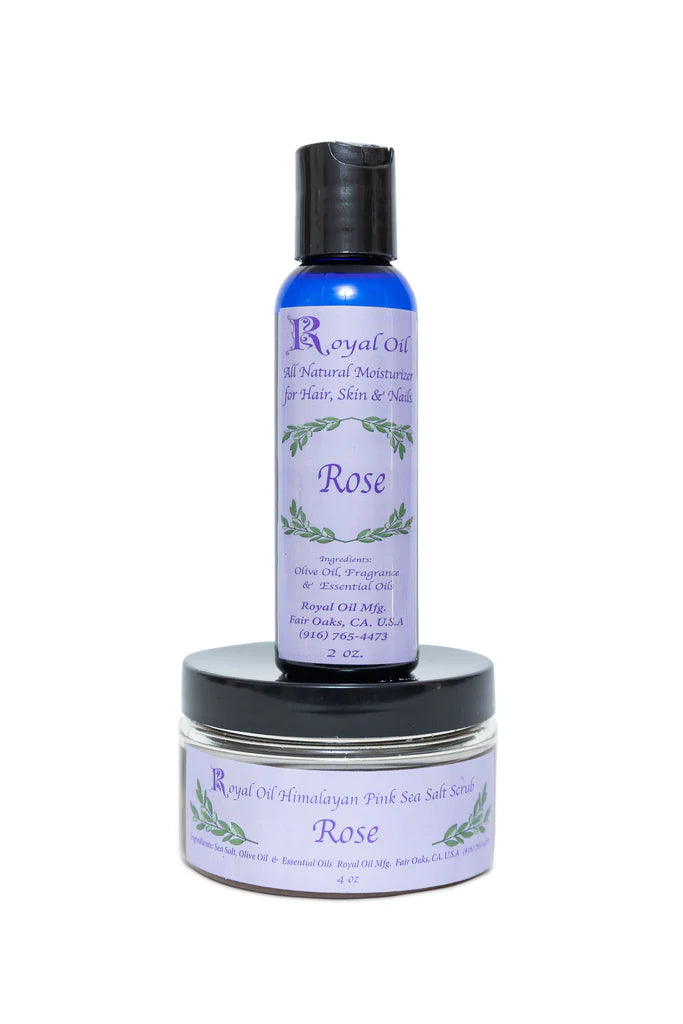 Bottle and jar of Royal Oil Rose product on a white background