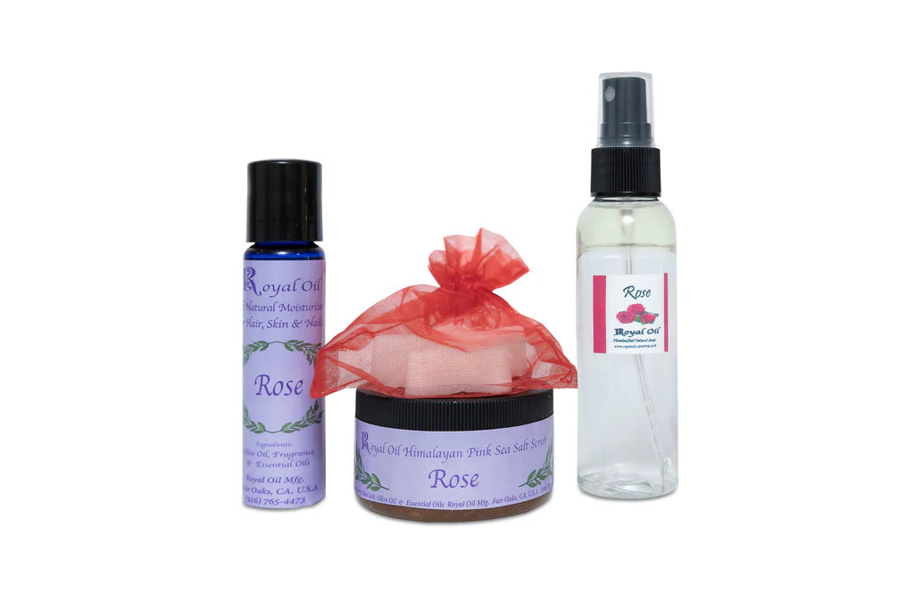 Set of beauty products including a bottle, jar, and spray bottle with 'Rose' branding on a white background.