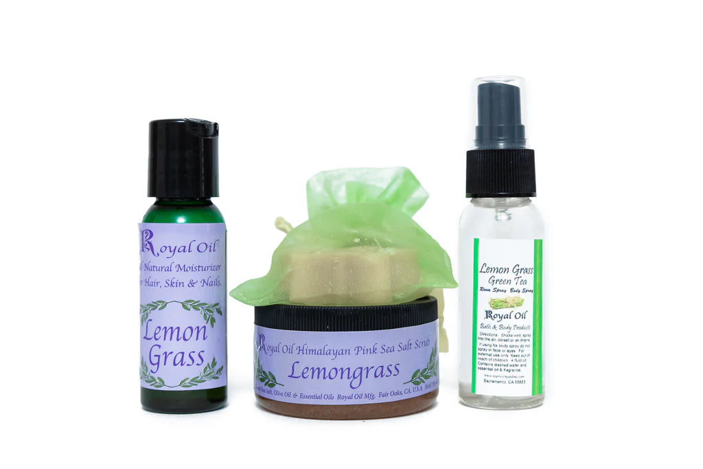 Three products including a bottle, a jar, and a spray bottle with 'Lemongrass' label on a white background.