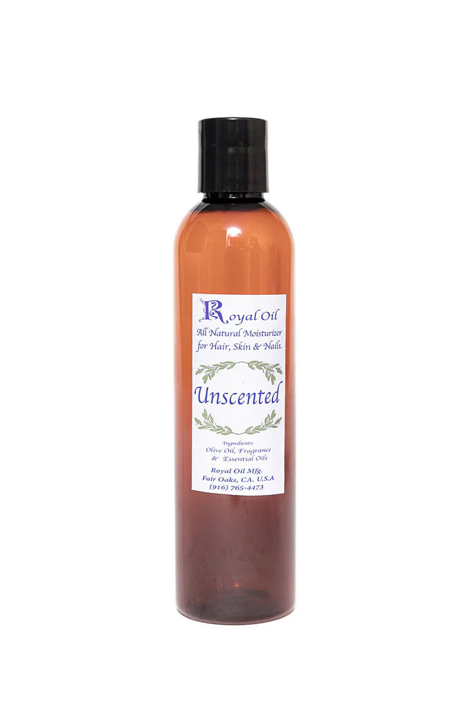 Bottle of unscented oil with a label on a white background