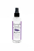 Bottle of Lavender Vanilla body spray with a purple label on a white background