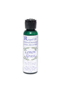 Bottle of Lemon Grass oil with a white label on a white background