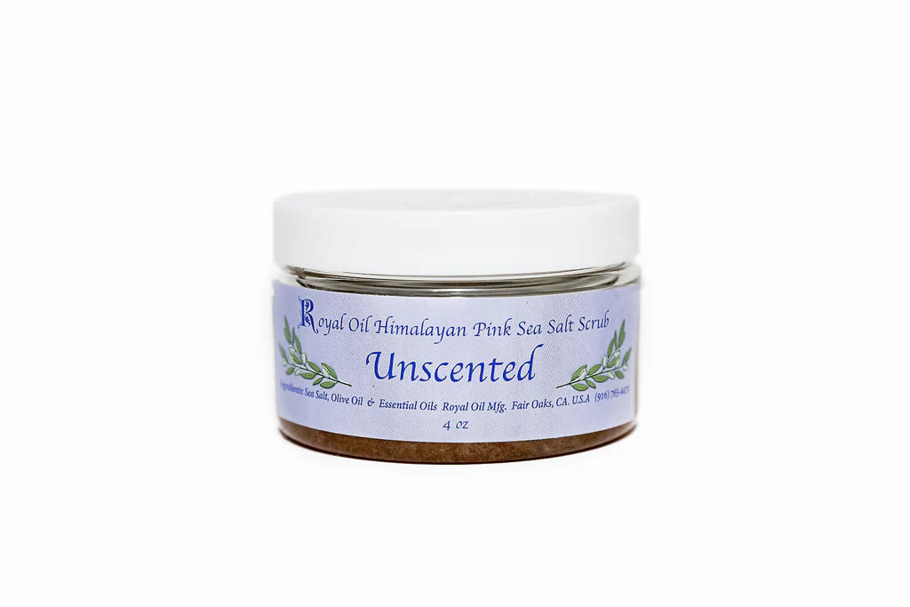 Jar of unscented Himalayan pink salt scrub with a white lid on a white background