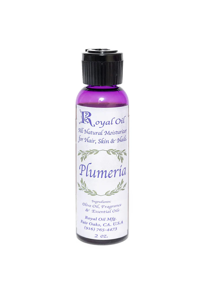 Bottle of Royal Oil Plumeria on a white background