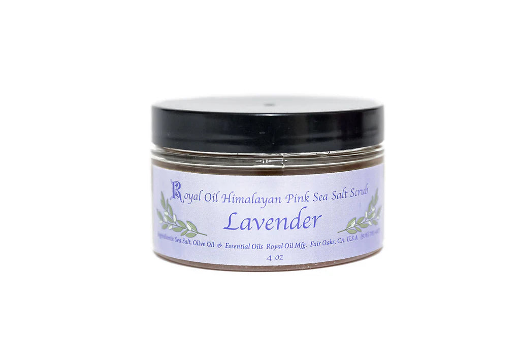 Jar of lavender Himalayan pink sea salt scrub with a white background