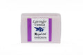 Bar of lavender vanilla soap with a purple label on a white background