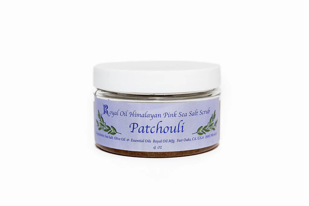 Jar of Himalayan Pink Sea Salt Scrub with 'Patchouli' label on a white background