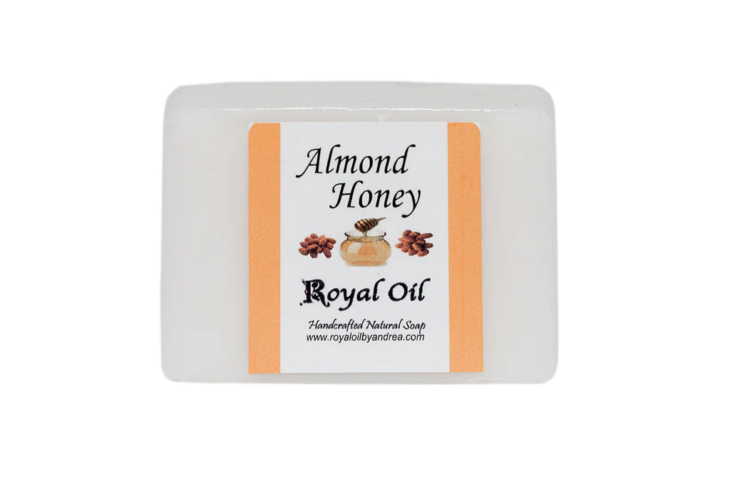 Almond Honey Royal Oil soap bar with a label on a white background