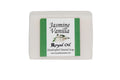 Bar of Jasmine Vanilla soap with a green label on a white background