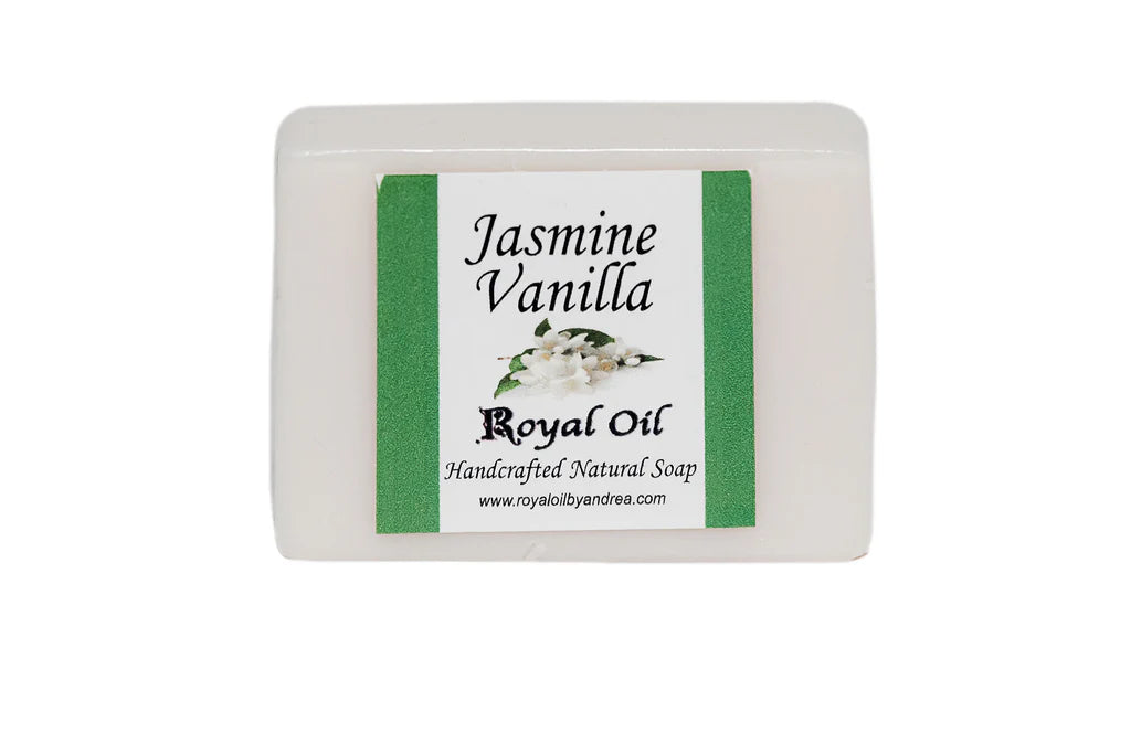 Bar of Jasmine Vanilla soap with a green label on a white background