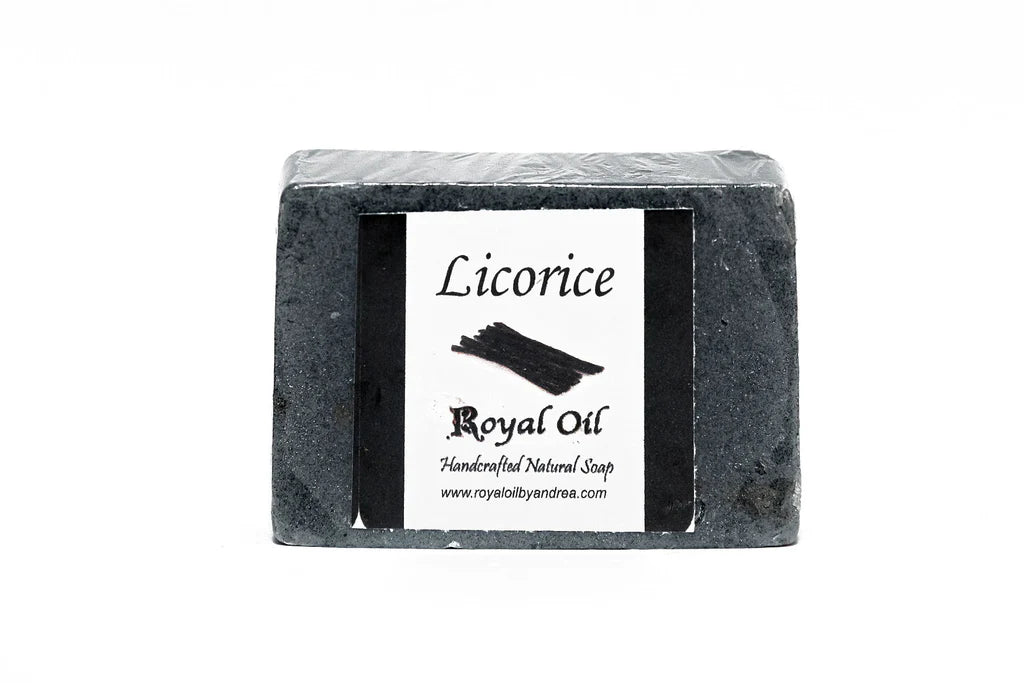 Black licorice soap bar with a white label on a white background