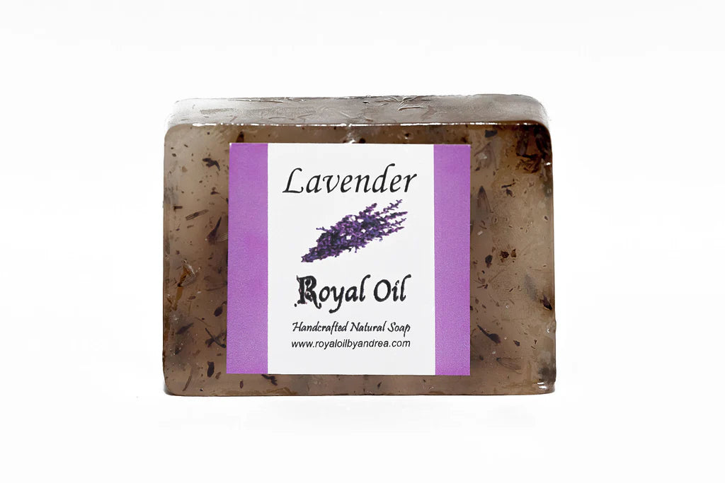 Bar of lavender soap with a label on a white background