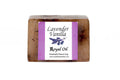 Bar of lavender vanilla soap with a label on a white background