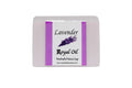 Bar of lavender soap with a purple label on a white background