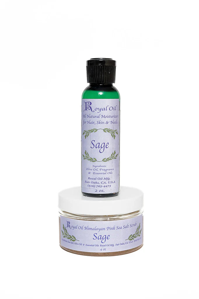 Bottle and jar of Sage product by Royal Oil on a white background