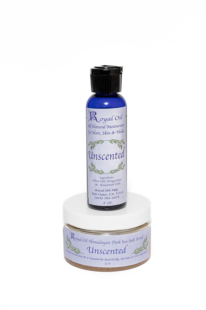 Bottle and jar of Royal Oil Unscented product on a white background