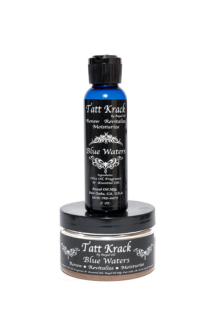 Tatt Krack Blue Waters tattoo care product on a white background