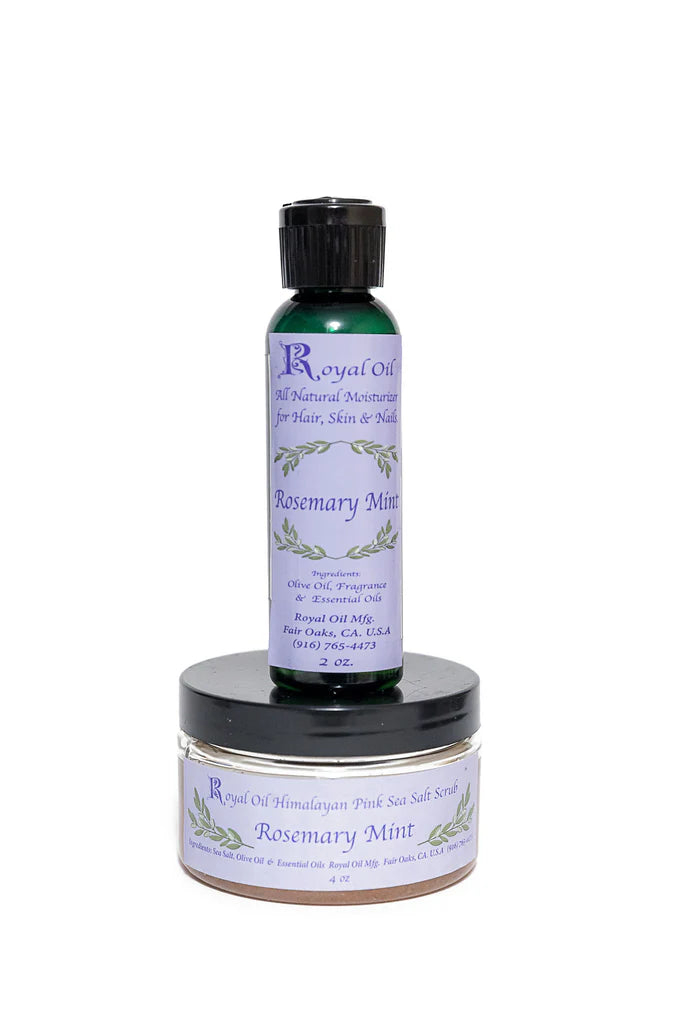 Two containers of Royal Oil Rosemary Mint product on a white background