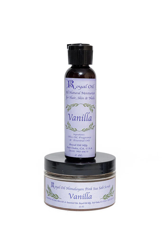 Two containers of Royal Oil Vanilla product on a white background